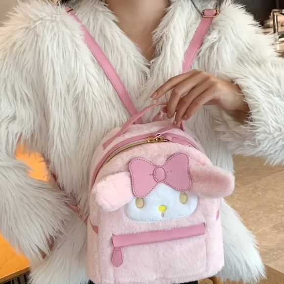 NWT! Sanrio My Melody Pink Plush Embroidered Double Zipper Mini Backpack - Picture 5 of 7